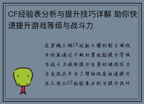 CF经验表分析与提升技巧详解 助你快速提升游戏等级与战斗力